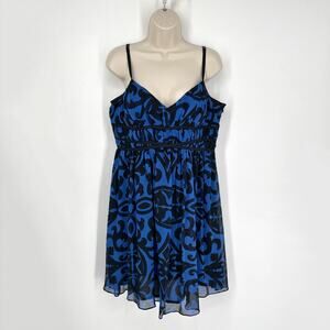 INC International Concepts Silk Dress Sz 14 Blue Black Ribbons Lined Straps Sexy